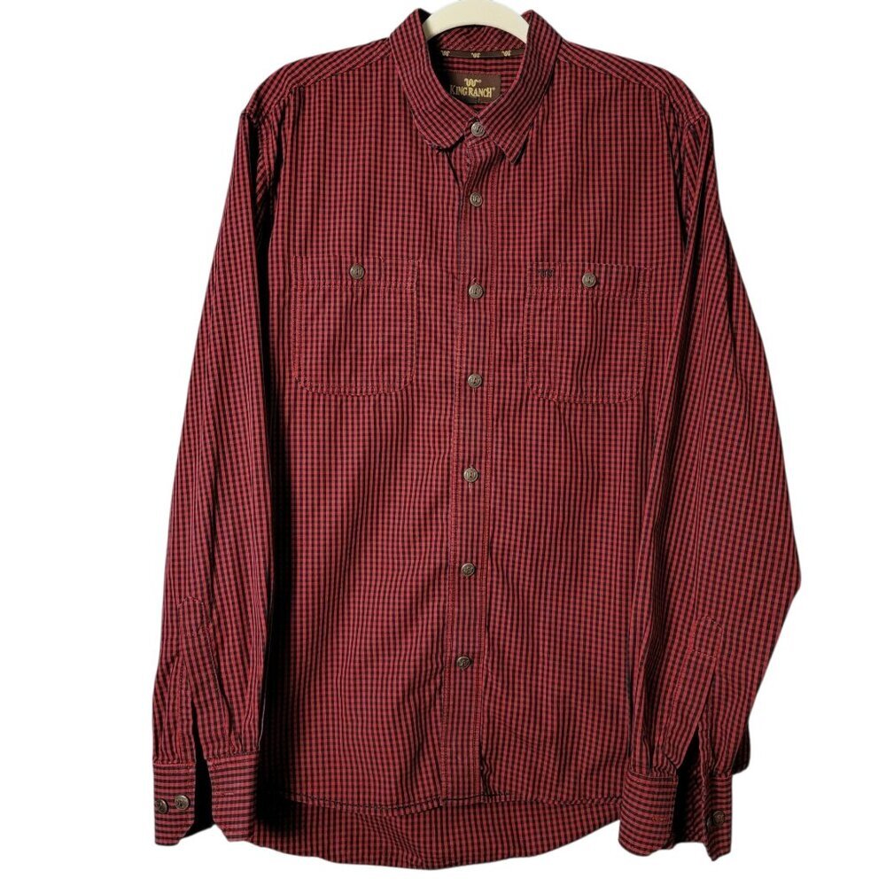 King Ranch Mens Red Black Gingham Check Western Long Sleeve Button Down Shirt L